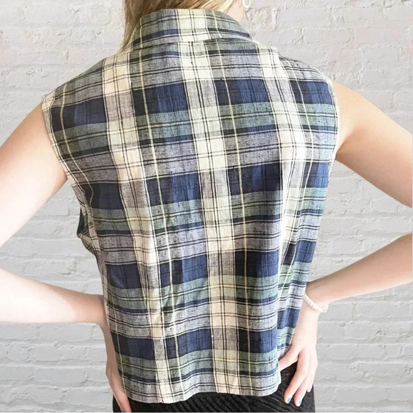 Vintage 90s Collin Creek Silk-Cotton Plaid Zip Front Sleeveless Shirt Vest - Picture 5 of 12